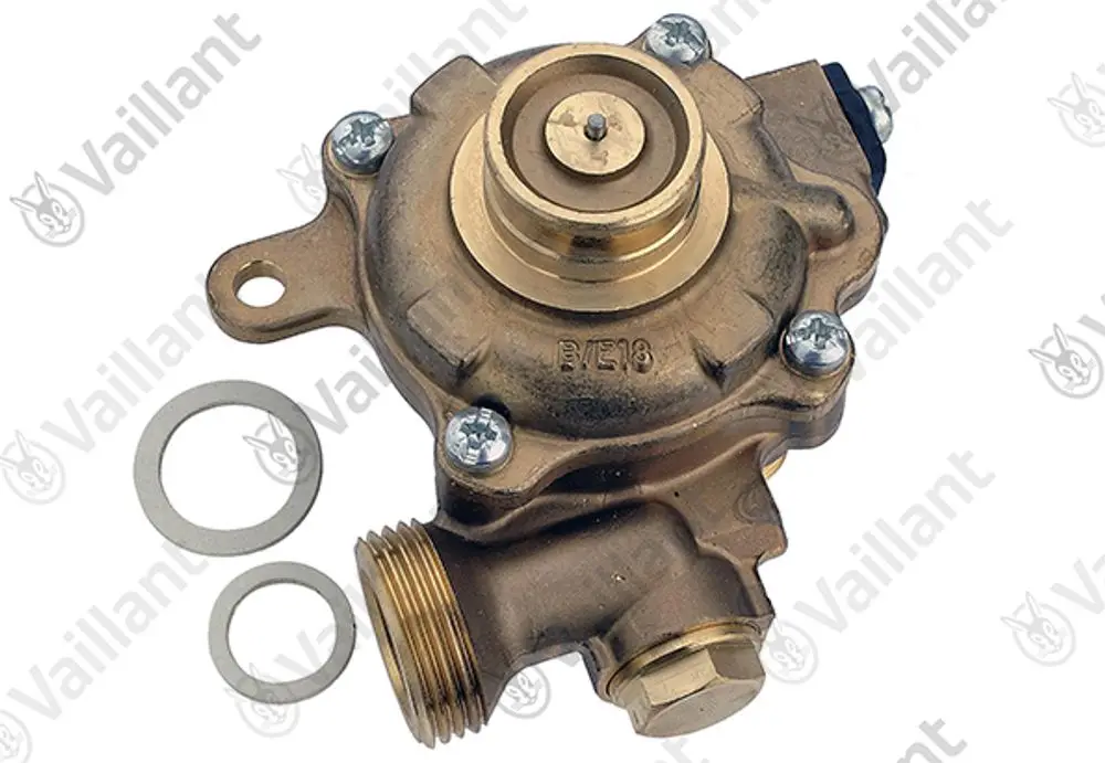 Wasserschalter von Vaillant in bronzefarbenem Metall mit Schrauben und Dichtungen. Die Anschlussstelle für Rohre ist deutlich sichtbar.